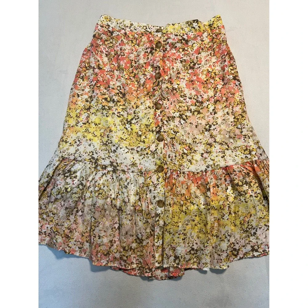 Mlle Gabrielle Yellow Floral Button Front Ruffle Hem Mini Skirt XL Boho Lined